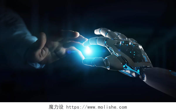 机器人手与人的手接触黑暗背景合作平台